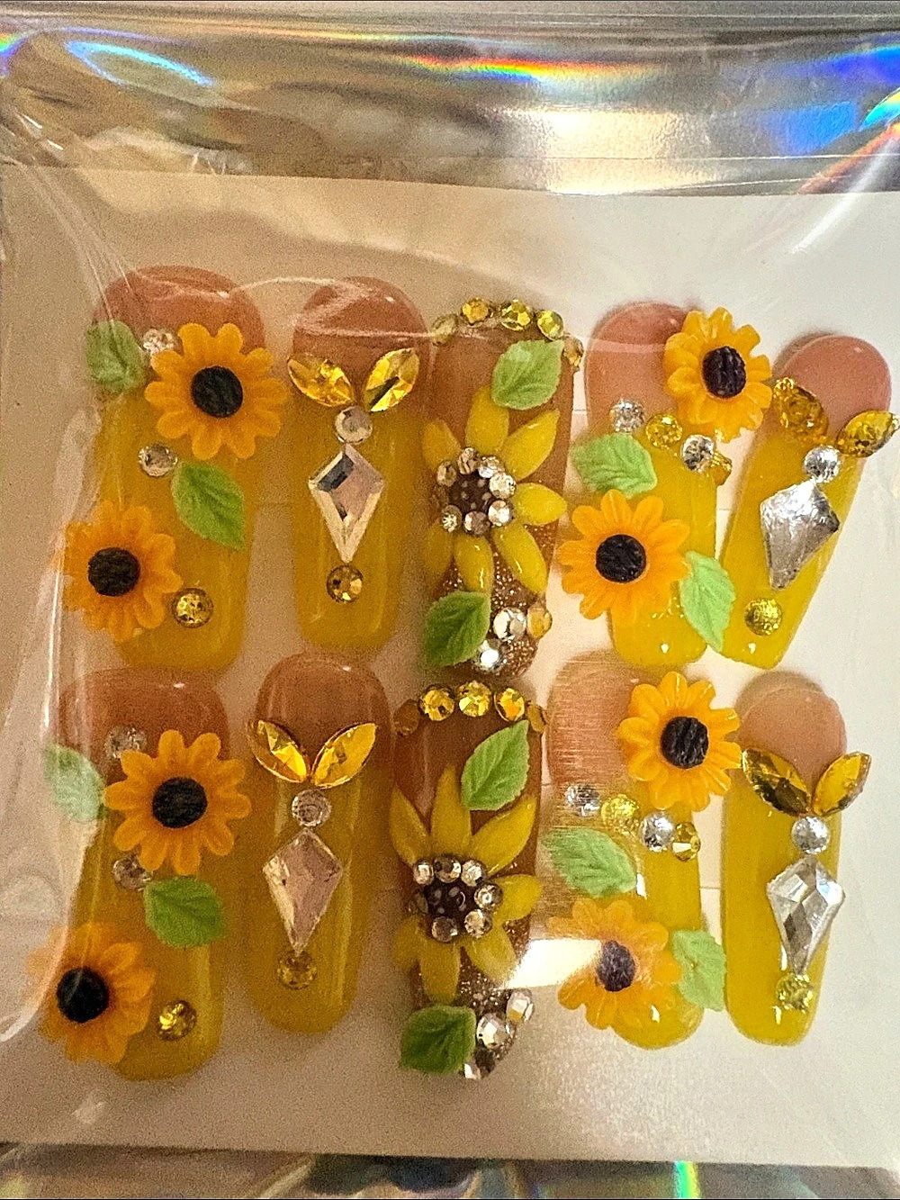 Handmade Sunflower & Rhinestone Floral Yellow & Orange Press-On Nails NWT